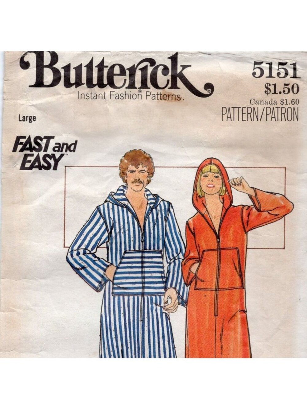 70s Butterick 5151 Mens Hoodie Caftan Pattern Size Large 42-44 Cut Complete
